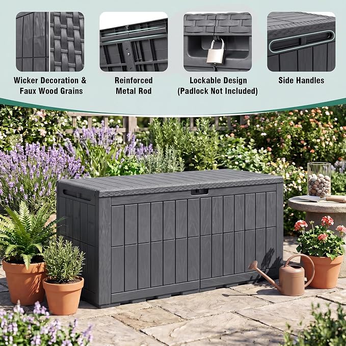 Tangkula 100 Gallon Outdoor Storage Box, Waterproof PP Resin Patio Storage Box with Lockable Lid for Indoor & Outdoor Use, 2-in-1 Rattan Design Deck Box for Cushions, Garden Tools