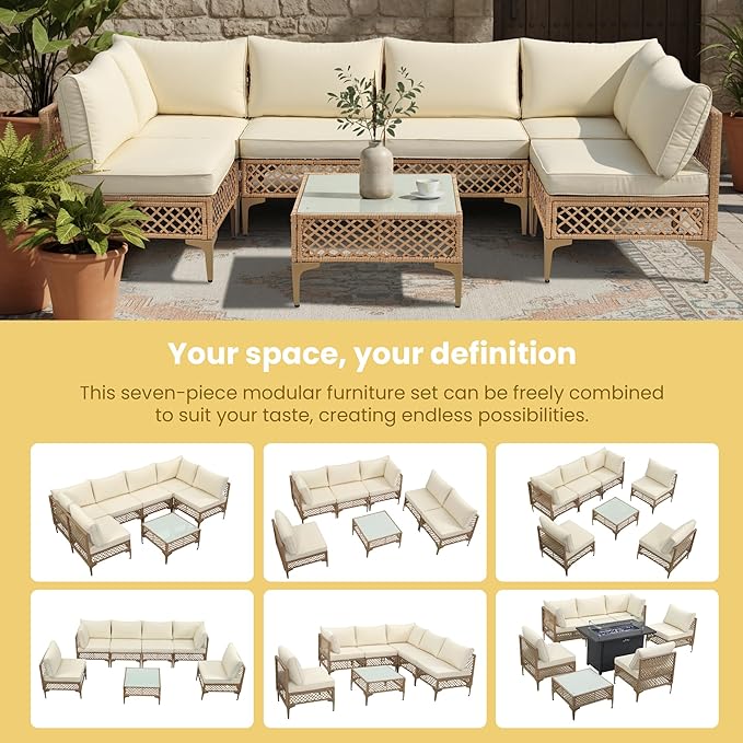 7 Piece Patio Furniture Set, Outdoor Wicker Sectional Sofa Conversation Set with Water Resistant Thick Cushions & Tempered Glass Coffee Table for Backyard, Porch, Boho Style, Natural/Beige