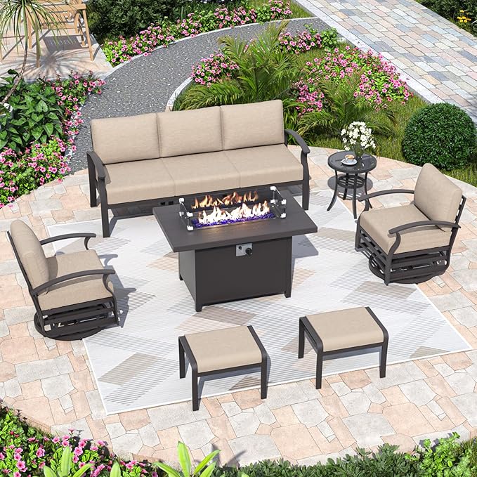 ALAULM Aluminum Patio Furniture Set with Propane Fire Pit Table 7-seat Metal Outdoor Furniture w/Swivel Chairs Patio Sectional Sofas w/2 Ottomans for Porch, Backyard, Poolside-Sand