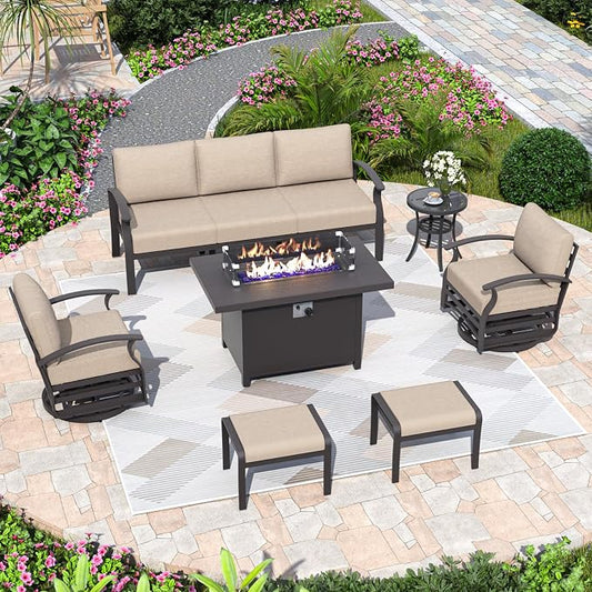 ALAULM Aluminum Patio Furniture Set with Propane Fire Pit Table 7-seat Metal Outdoor Furniture w/Swivel Chairs Patio Sectional Sofas w/2 Ottomans for Porch, Backyard, Poolside-Sand