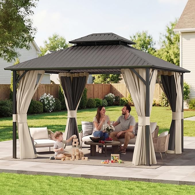 UDPATIO 10'x12' Hardtop Gazebo, Metal Gazebo with Galvanized Steel Double Roof, Permanent Patio Pavilion for Dining Parties, Beige