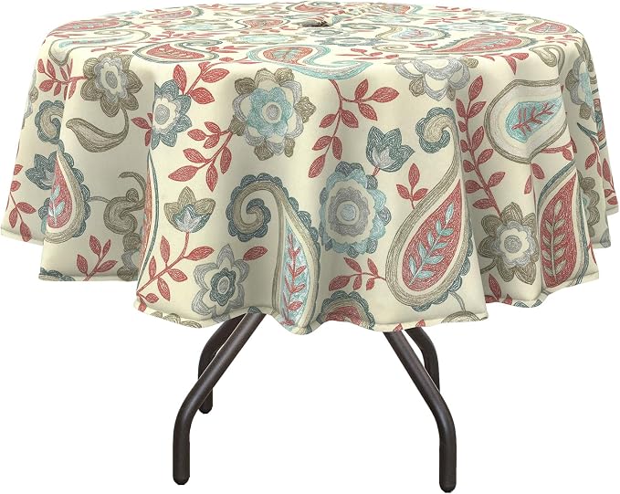 DYTXIII Outdoor Round Tablecloth with Umbrella Hole 60 Inch, Water Repellent & Fade Resistant Table Cover, All Weather Outdoor Tablecloth for Garden & Party Table, Paisley Vintage