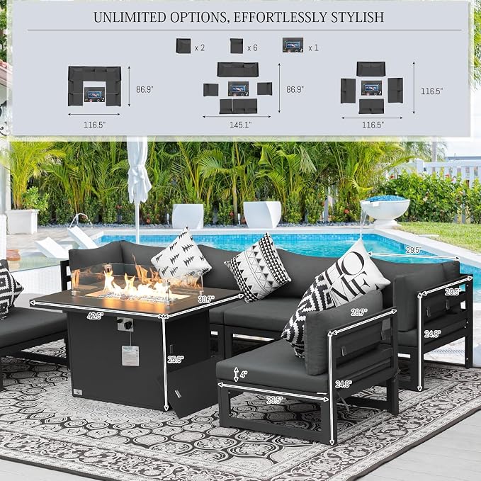 BULEXYARD 9 Pcs Modern Aluminum Outdoor Patio Furniture Set with Fire Pit Table Propane/Gas, Extra Large All-Weather Modular Sectional Couch, 29" Wide Deep Seat, Conversation Sofa for Deck, Dark Grey