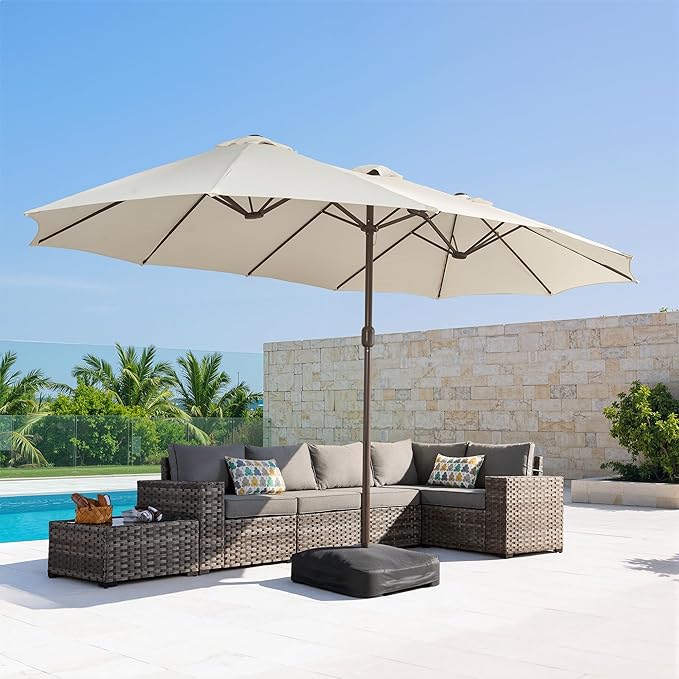 15Ft Patio Umbrella - Large Beach Umbrella W 12 Sturdy Ribs,UPF50 Outdoor Table Umbrella,Picnic Market Umbrella W Base Crank Handle for Pool,Yard,Garden