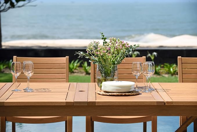 Amazonia Berlin 9-Piece Rectangular Extendable Patio Dining Set | Teak Finish | Ideal for Outdoors and Indoors