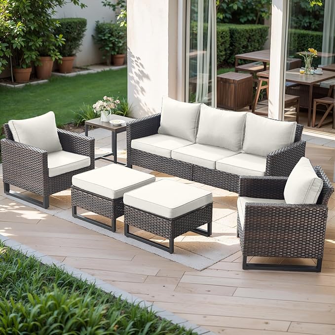 Rilyson Wicker Outdoor Patio Furniture Set - 6 Piece Patio Conversation Set with 2 Armrest Chairs,2 Rattan Ottoman,1 Couch and 1 Metal Side Table for Outside Porch Deck Backyard(Brown/Beige)
