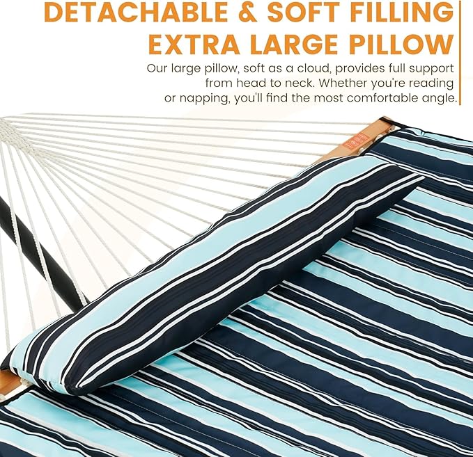 Lazy Daze Hammocks 2 Person Hammock Pad and Pillow Set, Double Polyester Quilted 78" x55" Replacement Pad for Rope Hammock, Navy Blue Stripes