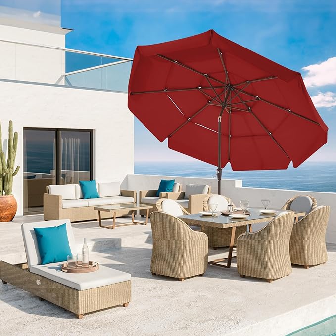 JEAREY 3 Tiers 9 FT Patio Umbrellas Outdoor Table Umbrella with Push Button Market Umbrella 8 Sturdy Ribs UV Protection Waterproof for Garden,Red