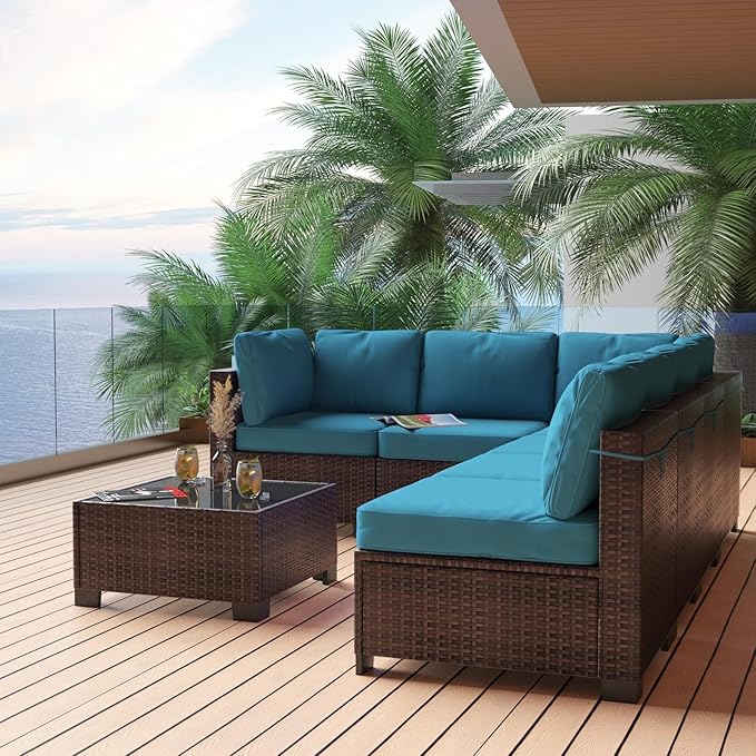 GarveeHome 7 Piece Patio Furniture Set, PE Rattan Wicker Sectional Sofa Set with Cushions & Glass Top Coffee Table, Outdoor Conversation Furniture for Garden, Balcony, Porch, Backyard
