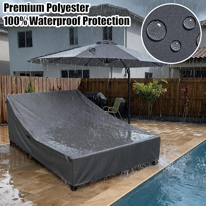 Double Lounge Chair Cover 100% Waterproof Outdoor Chaise Lounge Cover 600D Weather Resistant Material, UV Protection, Windproof Design Double Wide Patio Lounge Chairs Covers (Grey)