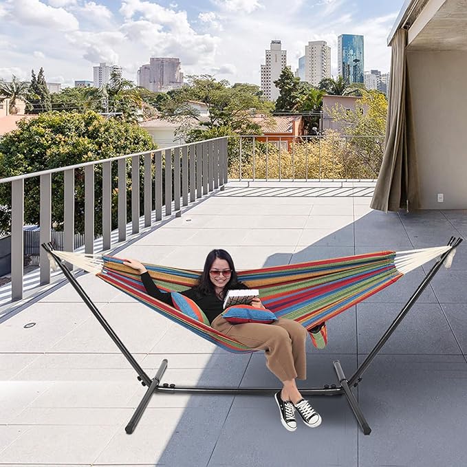 ONCLOUD 550 LB Capacity Double Hammock with Stand – Portable Bag Included (Rainbow Stripe)