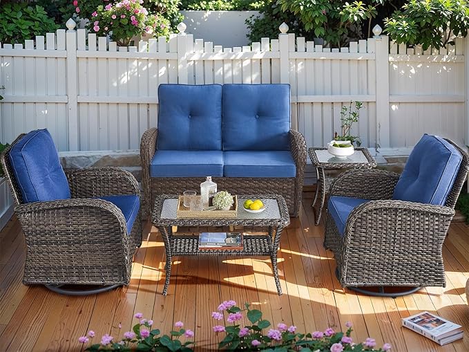 HUMMUH 5-Piece Patio Furniture PE Wicker Outdoor Conversation Set,All-Weather Rattan Swivel Chairs Outdoor Glider Couch for Backyard,Poolside,Deck