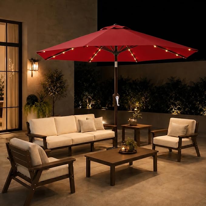 11FT Solar Patio Umbrella with Lights, Outdoor Table Market Umbrella with 32 LED Lights, 8 Sturdy Ribs, Smooth Crank Lift for Pool, Deck and Garden, UV-Resistant