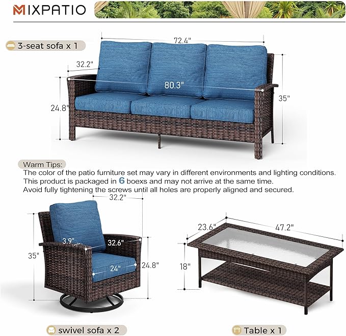 4-Piece Wicker Patio Furniture Set with Swivel Chairs, High Back Outdoor Sofa with 5.5-inch Thick Cushion, All-Weather Wicker Patio Conversation Set for Deck Yard Pool, Navy Blue