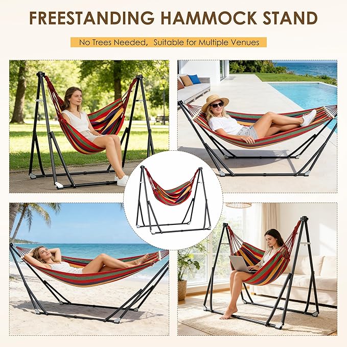 SogesHome 2-in-1 Convertible Hammock Chairs with Stand, 440LBS Capacity, Large Canvas Outdoor Two People Swing Bed, Foldable Portable for Backyard Patio Garden Camping Travel, Colorful Striped