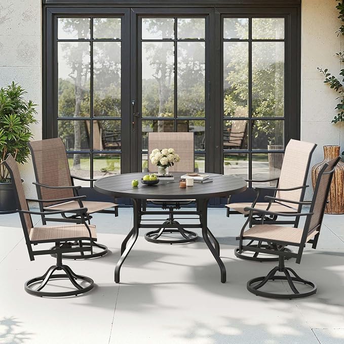 HRVEOCEI 47" Outdoor Round Table with Umbrella Hole, Metal Patio Dining Tables for Lawn Garden, Wood-Like Grain Bistro Table Outdoor for Backyard,Poolside,Deck,Por (Black, Round)