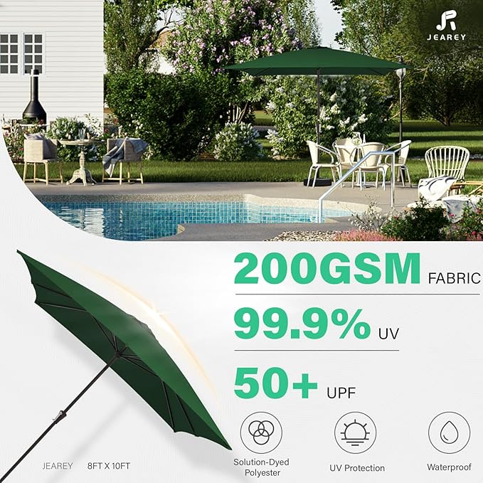 JEAREY 8x10 ft Rectangular Patio Umbrellas Outdoor Table Market Umbrella w/Crank, 8 Sturdy Ribs, UV Protection Windproof Sunproof for Garden, Deck, Backyard, Pool(Dark Green)