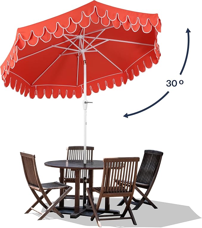 JONATHAN Y Tracy 9 ft. Outdoor Patio Umbrella with Scalloped Edge, Coastal Market Table Umbrella with Crank Lift and Tilt, 8 Sturdy Ribs UV Resistant for Pool, Coral Red, White Pole UMB1002F