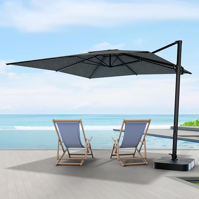 Midtown Umbrellas 9 x 9 Ft Outdoor Cantilever Patio Umbrella w/Sunbrella Cast Slate Fabric - 360° Rotate Offset Patio Umbrella, Deck Patio Umbrella, Backyard Umbrella & Garden Umbrella - Black Frame