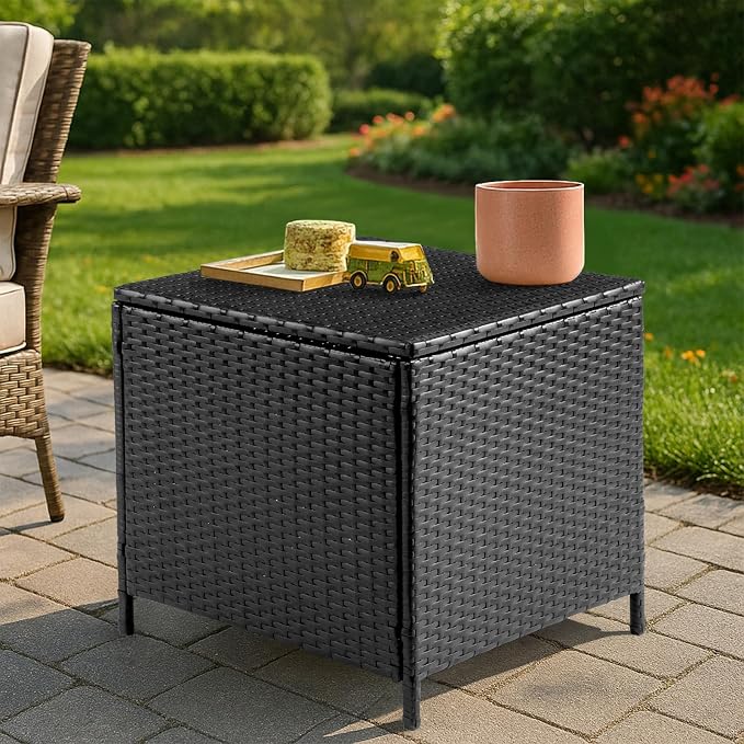 Outdoor PE Wicker Side Table with Storage, Patio Rattan End Table Square Container for Furniture Covers, Gardening Tools