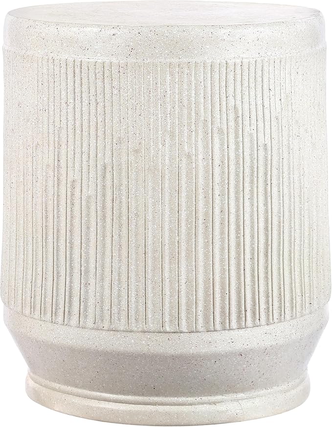 JONATHAN Y Kline Ribbed Resin Modern Outdoor Accent Table, 17.5" H All-Weather Cream Terrazzo Patio Drum Side Table and Garden Stool for Pool, Porch, and Living Room TBL1103A