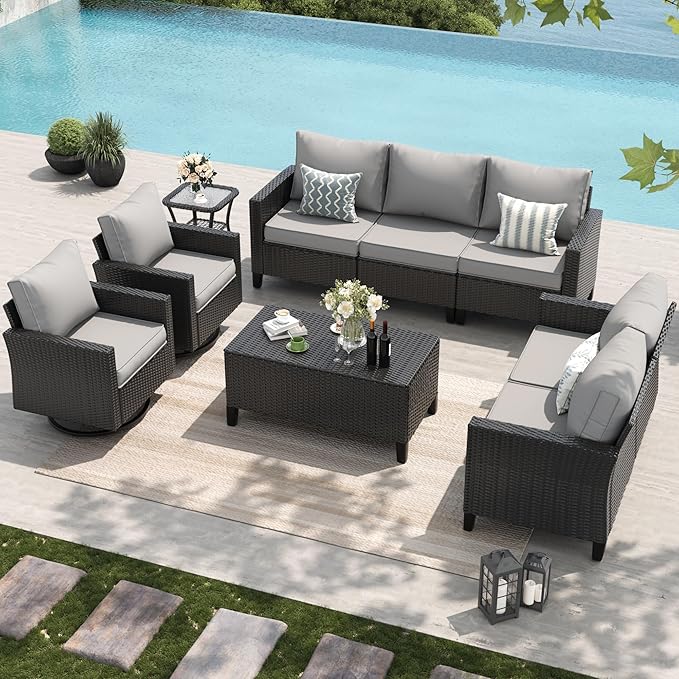 Amopatio Patio Furniture Set, 6-Piece Wicker Outdoor Sectional Sofa with Swivel Rocker Chairs, Rattan Conversation Set with Storage Coffee Table and Waterproof Cover for Backyard Black/Light Grey