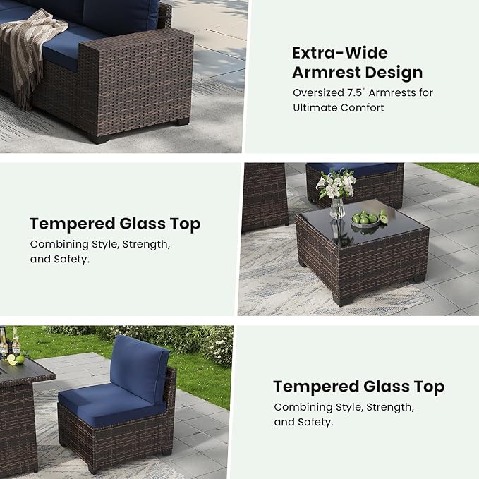 Soohow 6-Piece Patio Furniture Set All-Weather Outdoor Wicker Sectional Conversation Set with Cushion and Glass Table for Garden, Porch, Backyard, Navy Blue Cushions