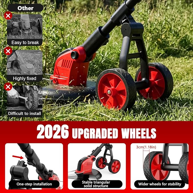 6000mAh Electric Weed Eater Battery Powered,12″ Brushless Electric Weed Wacker Cordless Wheeled String Trimmer,4 in 1 Grass Trimmer/Brush Cutter/Grass Edger/Weed Trimmer 5 Blade, 2 Battery (Red)