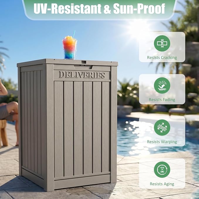 EasyUp Package Delivery Boxes for Outside, 55 Gallon Outdoor Parcel MailBox Drop Storage Deck Box Secure Resin Waterproof Lockable UV Resistant Patio Porch Mail Grey