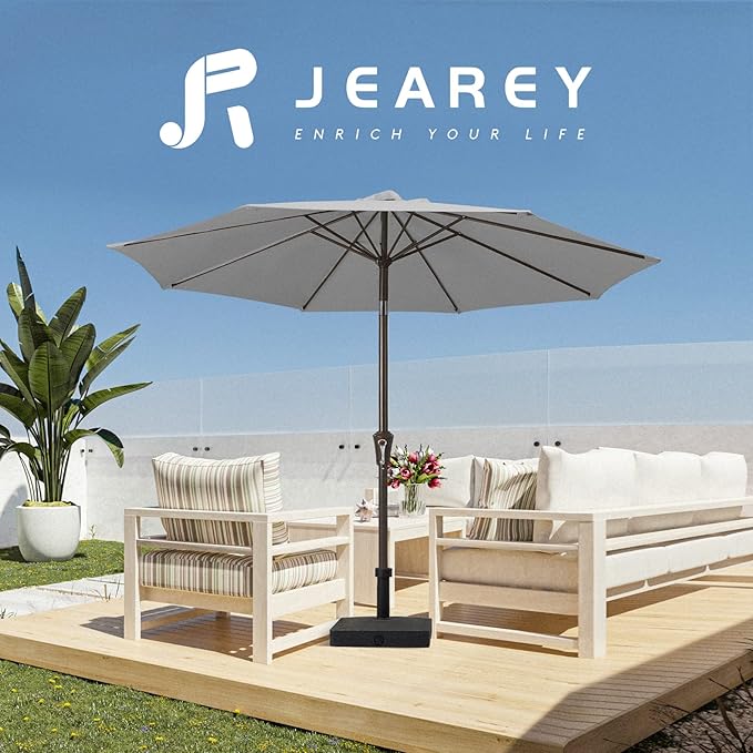 JEAREY 9FT Outdoor Patio Umbrella Outdoor Table Umbrella with Push Button Tilt and Crank, Market Umbrella 8 Sturdy Ribs UV Protection Waterproof for Pool, Garden (Light Gray)