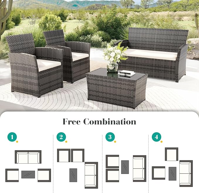 4 Piece Outdoor Patio Furniture Set, All-Weather Wicker Conversation Sets Include Coffee Table, Armchair, Loveseat, Sectional Furniture for Indoor Outdoor Backyard Pool Garden (Gray & Beige)