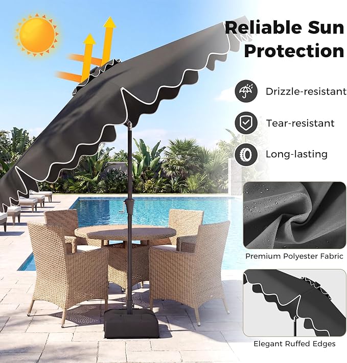 Tangkula 10 FT Solar Patio Umbrella with Base Included, 2-Tiers Outdoor Scalloped Table Umbrella with 32 LED Lights, 2 Sandbags, Tilt Adjustment, Crank, 8 Ribs for Market Backyard Pool Deck Beach Lawn (Gray, 10 FT)