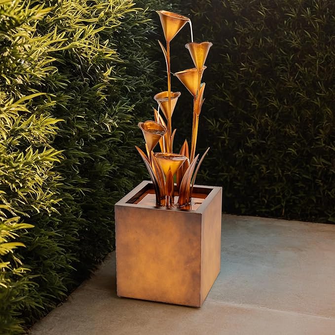 XBrand 46" Tall Bronze Metal Sculptural Flower Multi-Tier Freestanding Water Fountain Without LED Lights
