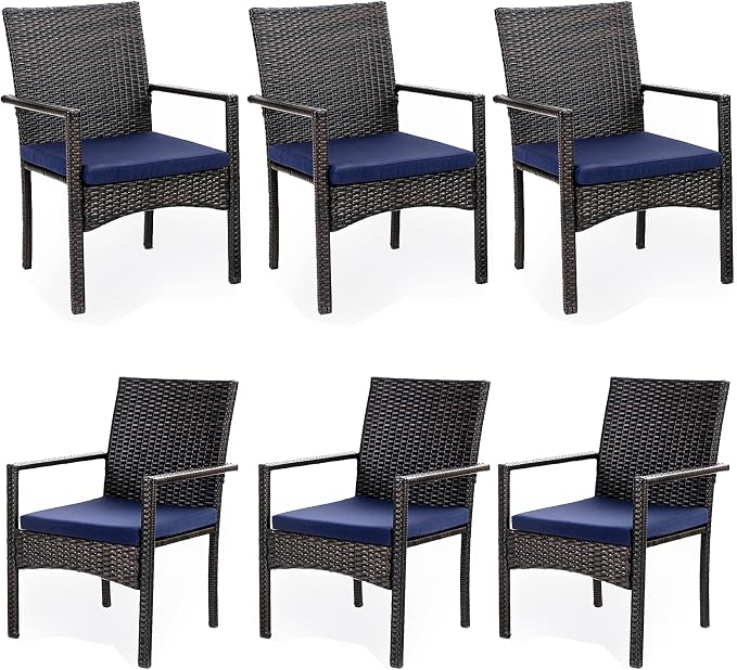 PHI VILLA Wicker Patio Dining Chairs Set of 6 with Removable Cushions | 6 Rattan dining chairs with thick removable seat cushions. Sturdy steel frame, easy assembly.