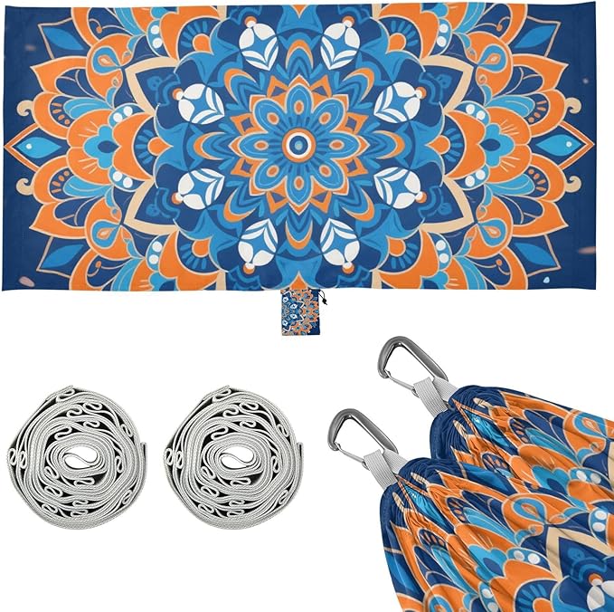 Bohemian Orange-Blue Patterns Outdoor Hammock with Portabl Carry Bag Swing Hammock for Indoor Outdoor Patio