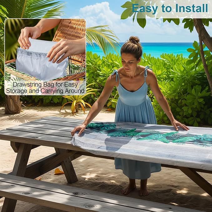 Picnic Table Cover with Bench Covers Camping Essentials Waterproof Windproof Camping Tablecloth with Drawstring Bag, Fitted Rectangle Tables and Seats, 72in, Palm Leaf