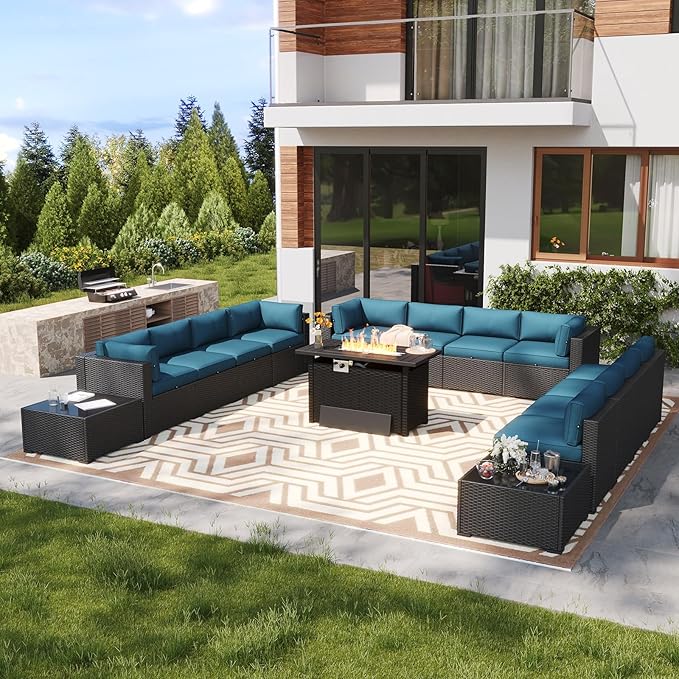 LazySunsets 15 Piece Outdoor Patio Furniture Set with 44'' Fire Pit Table, Outdoor Patio Furniture Set with Waterproof Cover, Wicker Rattan Outdoor Conversation Set for Backyard & Garden, Peacock Blue