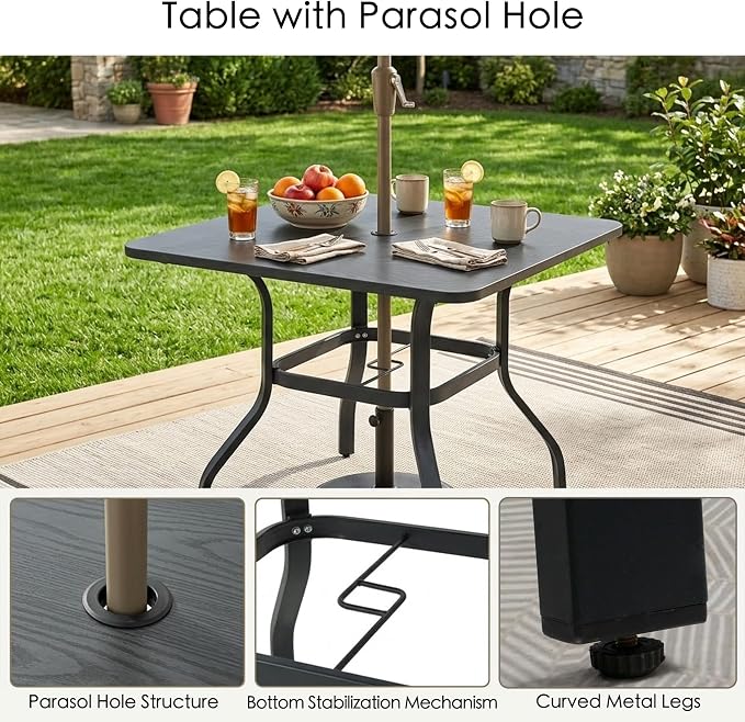 Kozyard 35.4" Square Outdoor Dining Table for 4, Steel Frame with Textured Wood-Grain Tabletop, Patio Table with Umbrella Hole for Backyard, Balcony, Garden Gray
