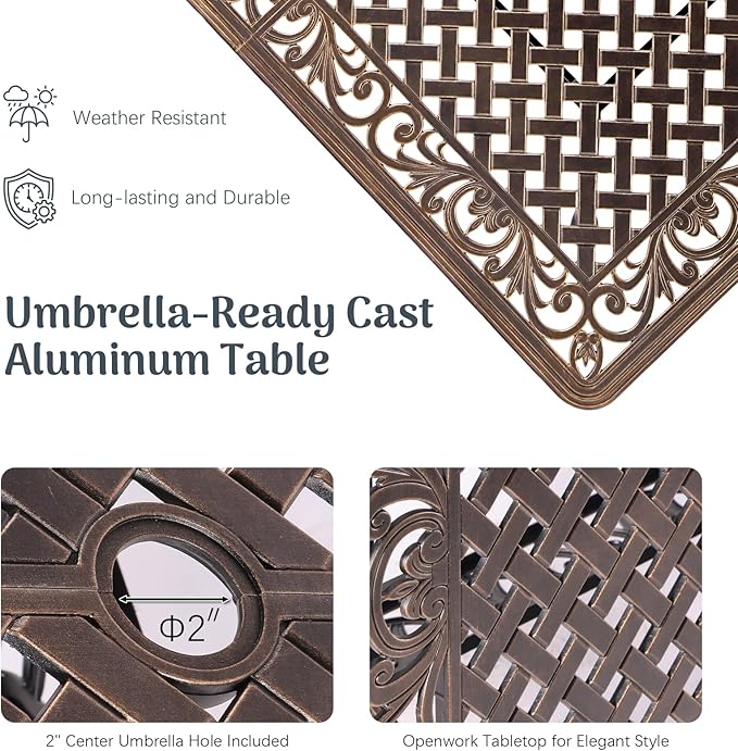 Redlife 7-Piece Cast Aluminum Outdoor Dining Set, 59" Rectangular Patio Table with Umbrella Hole, 6 Stackable Chairs with Cushions, Lattice Backrest, Waterproof Patio Furniture Set