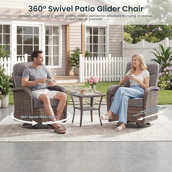 Luxury 6-Inch Cushion Outdoor Patio Furniture Set with Ottoman, Outdoor Swivel Rocker Patio Chairs with Side Table, Wicker Conversation Set for Deck Porch Garden Balcony and Poolside Gray
