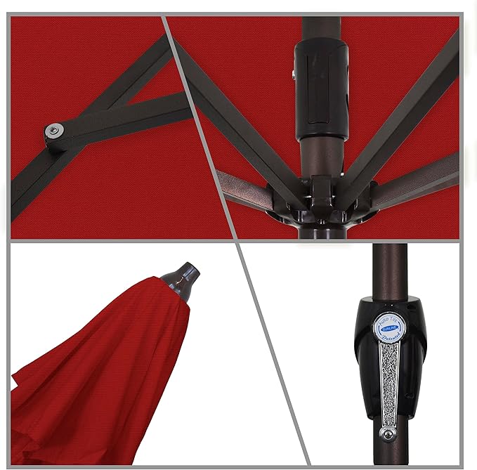 California Umbrella 7.5' Round Sunbrella Aluminum Outdoor Deck, Pool or Patio Umbrella, Crank Lift, Auto Tilt, Bronze Pole, Jockey Red