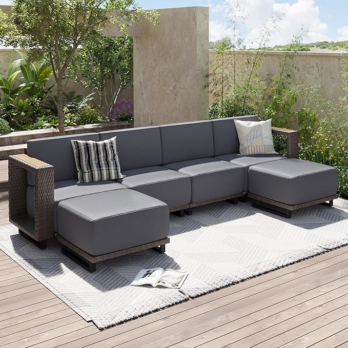 Aoxun Patio Furniture Set, 6 Piece Outdoor Wicker Sectional Sofa Set, All-Weather Rattan with 10'' Ultra-Thick Cushions, Outdoor Conversation Set for Backyard, Poolside and Garden, Brown/Dark Gray