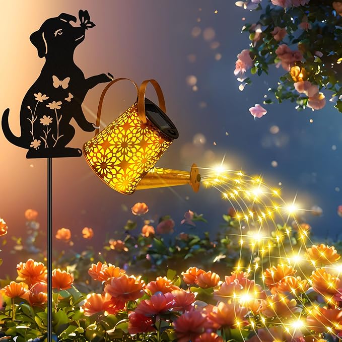 Solar Lights Outdoor Decorative, Watering Can with Cascading Lights, with Dog Silhouette Garden Stakes, Waterproof Metal Garden Decor Mom Christmas Gifts 2 Pack