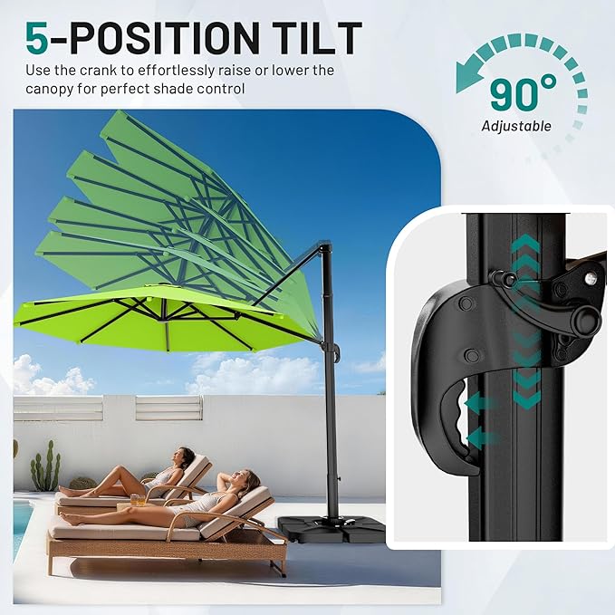 AreShark 11FT Round Cantilever Patio Umbrella with Base Included, 360° Rotation Offset Outdoor Umbrella, 5 Tilt Settings Heavy Duty Hanging Parasol for Deck Garden Pool, Apple Green
