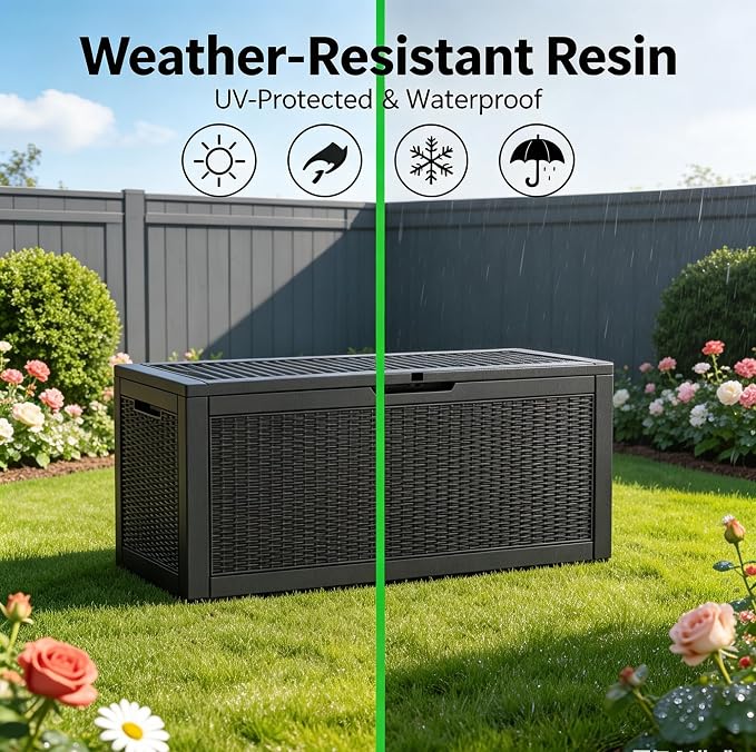 LAUSAINT HOME 100 Gallon Resin Deck Box, Package Delivery Box with Lockable Lid, Waterproof Outdoor Storage Box For Garden Tools, Patio Cushions(100 Gallon,Black)