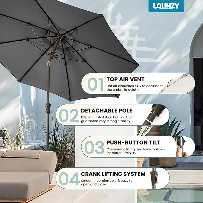LOUNZY 9FT Large Outdoor Patio Umbrella Table Umbrella-UV Resistant,Easy Push Button Tilt and Crank,8 Sturdy Fiberglass Ribs Pool Umbrella for Patio,Backyard,Deck,Yard,Market