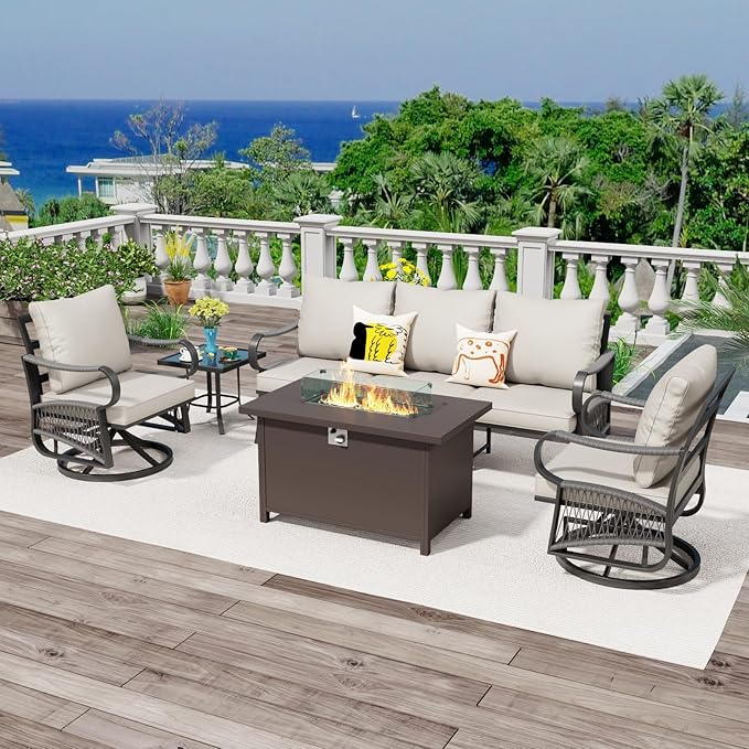 5 Piece Patio Furniture Set with 50000 BTU Propane Fire Pit Table, All Weather Outdoor Conversation Set with 2 Swivel Chairs, Sofa and Thick Cushions for Garden, Porch, Lawn, Beige