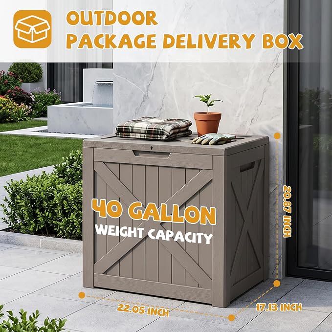 40-Gallon Outdoor Storage Box, Waterproof Deck Box for Patio Cushions, Garden Tools, Pool Accessories, Lockable Outside Storage Bin for Backyard & Deck (Grey)