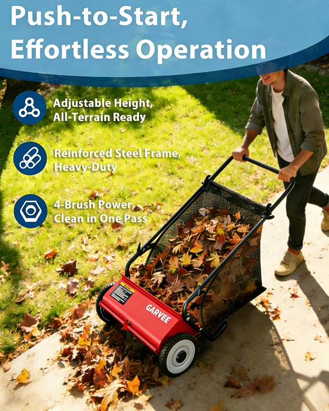GarveeLife Push Lawn Sweeper, 21 Inch Extra-Wide 4-Brush System, 3.5 cu.ft. Mesh Bag, Heavy Duty Steel Frame, Height-Adjustable Yard & Garden Cleaner for Leaves and Grass, Red