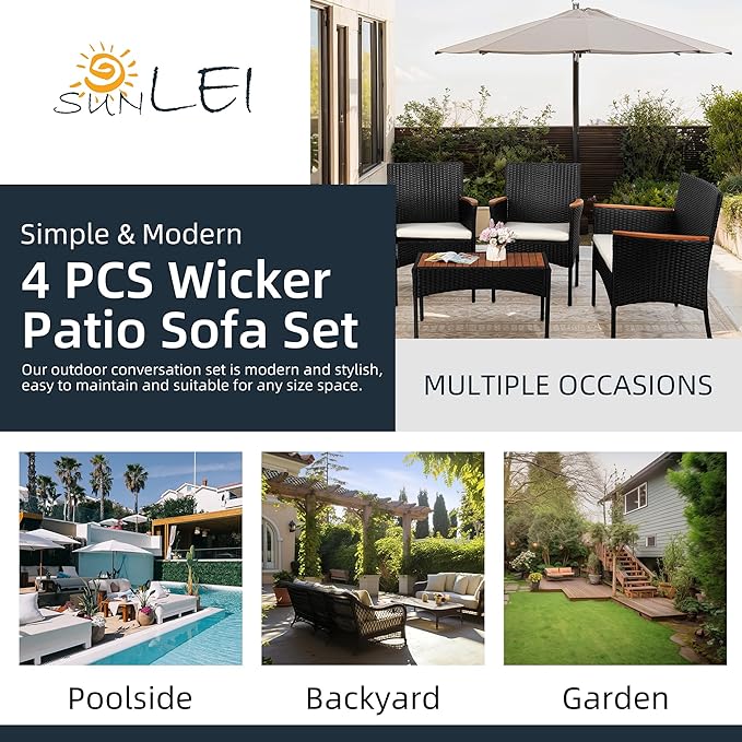 SUNLEI Multi Pieces Outdoor Patio Furniture Sets Conversation Sets Rattan Chair Wicker Set,Glass Table,Outdoor Indoor Use Backyard Porch Garden Poolside (Black, 4 PCS-White/Wood Tabletop)…